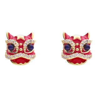 国风红色醒狮耳夹女轻奢高级新款无耳洞耳环中式喜庆独特新年耳饰