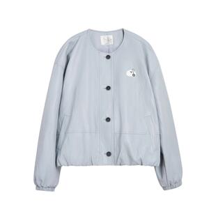 紫涵短款圆领pu皮外套女2026春季新款户外微皱感绣花宽松夹克上衣