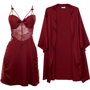猫人冰丝红色睡衣女春秋款性感吊带睡裙新婚结婚晨袍送闺蜜礼盒装