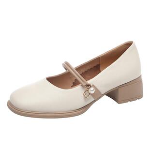 红蜻蜓女鞋一字带玛丽珍单鞋冬季真皮时尚鞋子软底粗跟增高皮鞋女