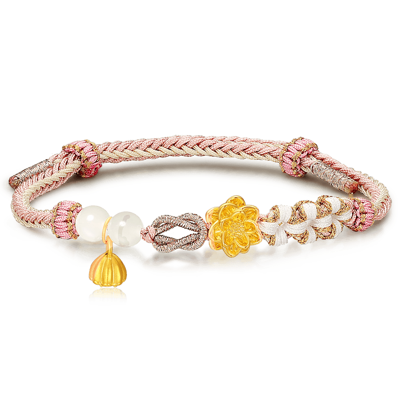 潮宏基花韵足金和田玉手绳黄金转运串珠莲花莲蓬硬金生日礼物