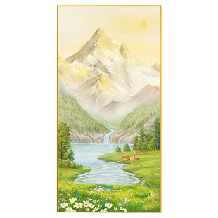 旭日东升玄关装饰画入户正对门走廊过道东墙山水风景挂画手绘油画