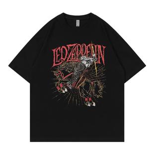 Led Zeppelin乐队复古美式街头vtg落肩宽松纯棉圆领摇滚短袖T恤衫