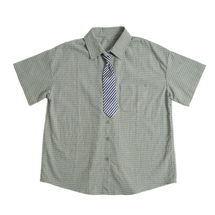 【清仓】复古日系衬衫女小众盐系绿色短裙宽松格子短袖衬衣套装潮