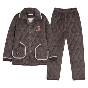 秋冬季珊瑚绒加厚加绒款三层夹棉袄男士睡衣保暖家居服套装可外穿