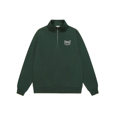 美国EVERLAST拳击运动训练休闲男女款深绿重磅纯棉半拉链翻领卫衣