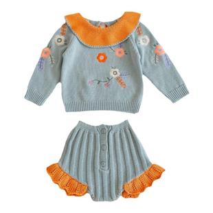 韩版女宝宝套装婴儿衣服秋冬装小女孩公主绣花针织洋气外出服春秋