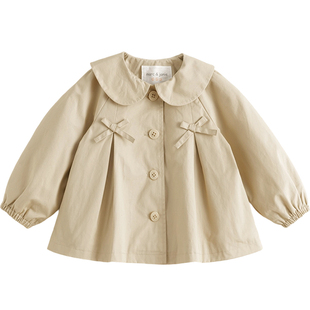 马克珍妮女童蝴蝶结娃娃领风衣宝宝纯棉外套2025年秋装新款551575