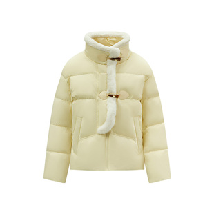 森马羽绒服女防水宽松淡黄色冬季文艺仿兔毛牛角扣面包服防风外套