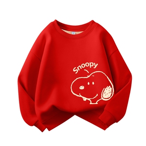 史努比男童喜庆过年衣服秋冬款儿童拜年服加厚羊羔绒卫衣男孩冬装