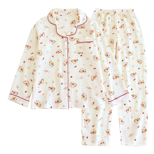 马上有福女款婴儿棉双层泡泡纱布长袖睡衣春秋夏季新年全棉家居服