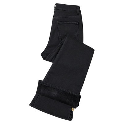 KZH真维斯加绒黑色牛仔裤女秋冬新款修身微喇裤加厚高腰开叉长裤