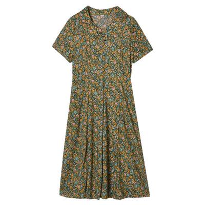 翻领中裙短袖碎花连衣裙