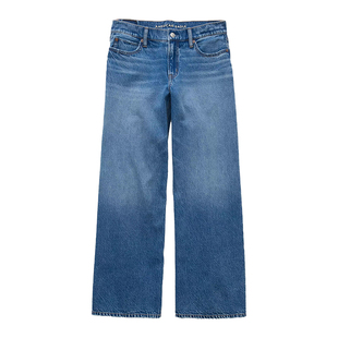 AEO 美国鹰秋季款蓝色高腰纯棉无弹牛仔裤女宽松显瘦阔腿直筒裤