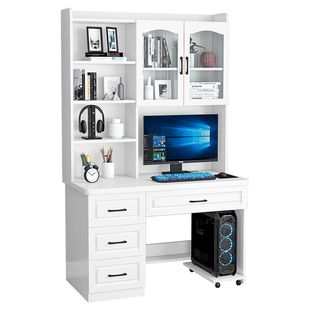白色实木书桌书架一体学生家用简约写字台台式电脑学习桌书柜组合
