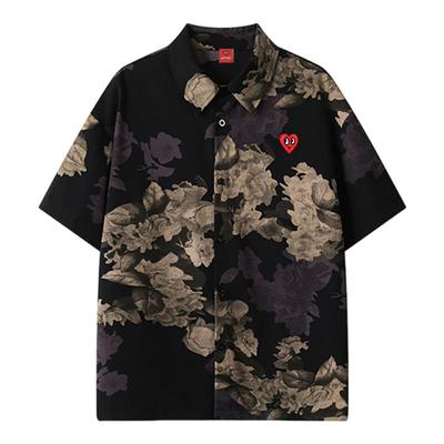 查尔斯桃心冰丝复古花卉短袖衬衫