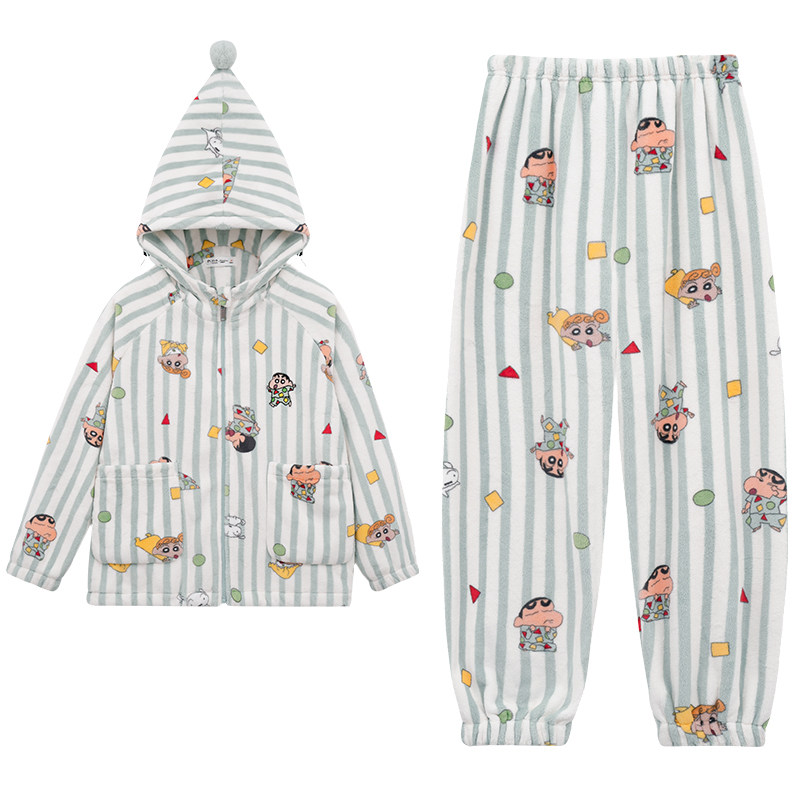 亲嘴猫【蜡笔小新】法兰绒可外穿卡通少女连帽睡衣家居服套装秋冬