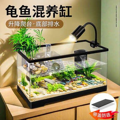 乌龟饲养缸带升降晒台爬台家用龟鱼混养缸养乌龟小型鱼缸造景别墅