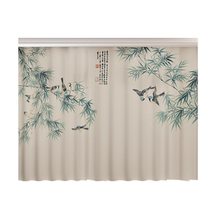 新中式国风禅意诗词竹子古风纱帘透光不透人窗帘书房客厅学校定制