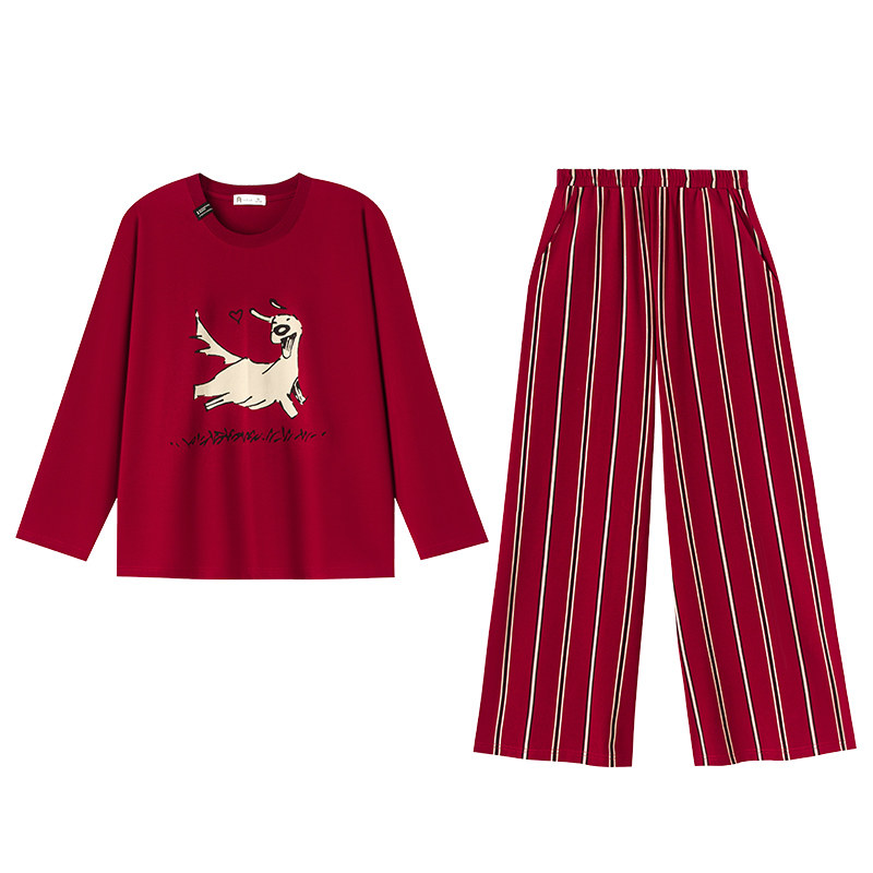 春秋长袖纯棉本命年红家居服套装