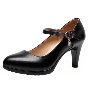 新款一字扣旗袍走秀鞋女模特高跟鞋细跟真皮尖头演出鞋牛皮工作鞋
