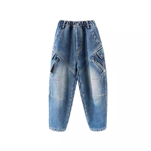 小猪班纳男童加绒牛仔裤秋冬新款百搭直筒工装裤大童一体绒裤子