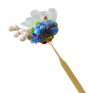 青雀记原创明制复古发簪烧蓝景泰蓝珍珠岫玉扁簪汉服头饰孔雀开屏