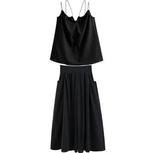 YH2.Chennnnn 小众度假风黑色亚麻吊带背心高腰阔腿裤两件套装女