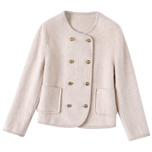 米白色双面零羊绒大衣女短款秋冬新款洋气双排扣双面呢羊毛呢外套