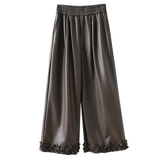 拉夏贝尔木耳花边阔腿pu皮裤女2025新款秋冬高腰直筒小个子九分裤