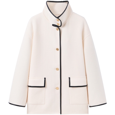 太平鸟女装秋冬简洁PU包边袖口立领大衣A1AAE4189