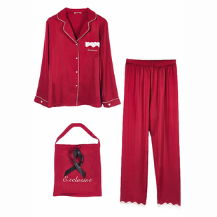 爱蜜迪茉小红书同款情侣结婚红色睡衣长袖女款丝绸缎