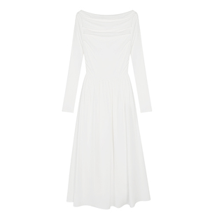 MULVAN 法式白色一字肩针织连衣裙女高级气质长袖露肩收腰a字长裙