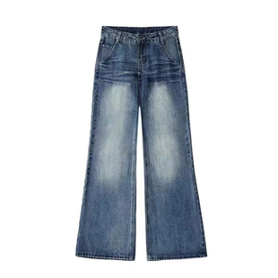 300斤大码女装蓝色甜酷辣妹风牛仔裤女胖mm美式穿搭高街微喇裤子