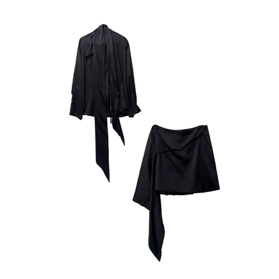 复古飘带缎面黑色衬衫＋半裙