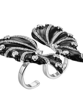 【宋茜同款】MOH动物絮语系列黑珐琅蝴蝶女戒水晶夸张双指戒指