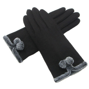 克拉斯卡 女士秋冬季双层绒里保暖御寒绒球手套羊毛分指短款手套