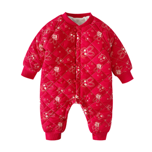红色拜年服婴儿春款连体衣夹棉加厚春装棉衣外出服宝宝过年衣服萌
