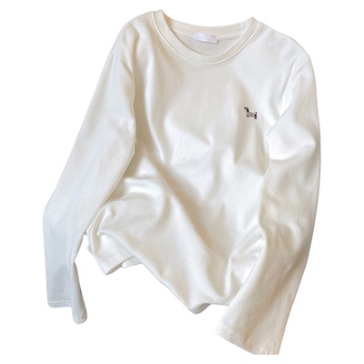 小C家白色圆领长袖T恤女冬季新款内搭磨毛加厚慵懒休闲打底衫上衣