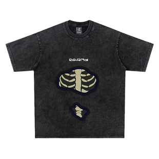 human skeleton 260克重磅纯棉！复古抽象印花宽松bf风骨架短袖