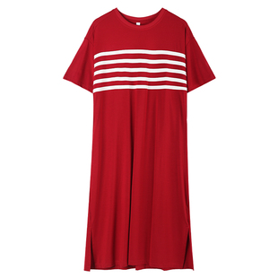 轩靓睡裙女夏季薄款莫代尔棉短袖长裙红色新婚结婚睡衣家居服晨袍
