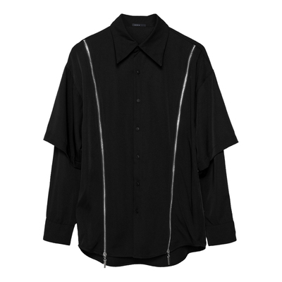 拉链拼接黑色休闲假两件衬衫男