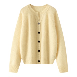 高克重圆领拉绒100%纯山羊绒开衫女今年流行小香风洋气毛衣外套女