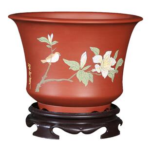 紫砂花盆 兰花花盆 大红袍泥绘桌面室内古典精品刻绘透气盆栽花盆