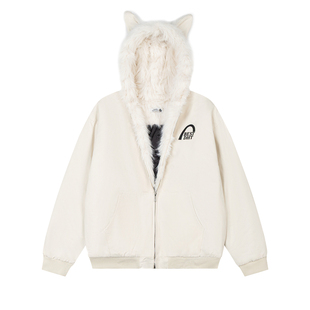 Amoeba美式复古刺绣毛绒耳朵连帽座山雕女男冬季夹棉加厚棉服外套