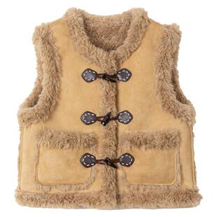 KEIKO 麂皮绒皮毛一体马甲外套冬季复古叠搭牛角扣加厚毛毛绒背心