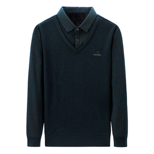 春秋季衬衫领假两件套男长袖t恤薄款毛衣假领针织衫上衣条纹衬衣