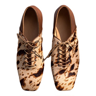 QIYUDUO 设计款马毛德比鞋女真皮平底系带单鞋小众豹纹方头休闲鞋