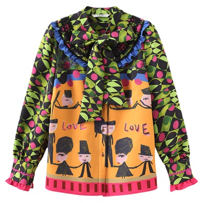 tanni法式立领飘带小众印花衬衫