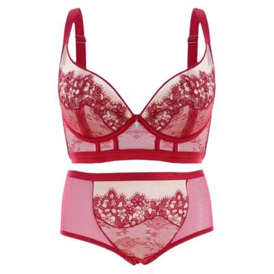 蕾丝内衣女小胸收副乳聚拢防下垂大胸文胸显小本命年红色胸罩套装